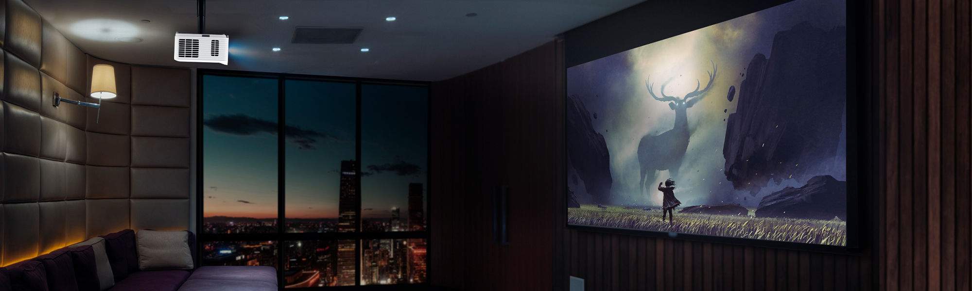 a home theatre with a projector hanging from the ceiling