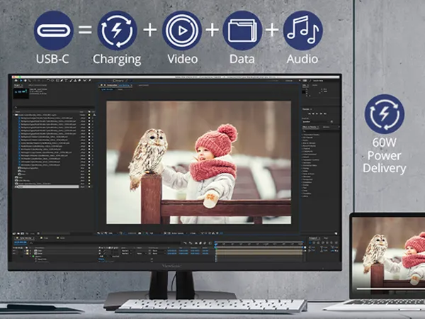 monitor with child and owl on the screen. Usb-c icon showing charging, video, data and audio capabilities
